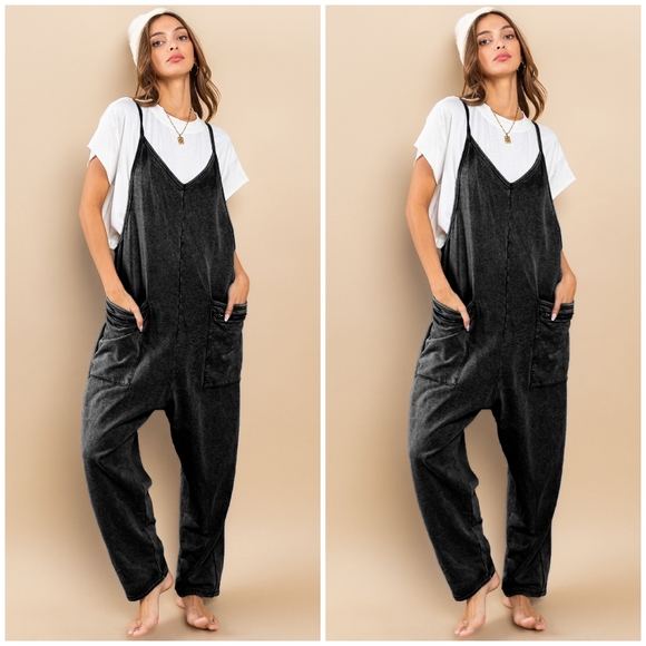 Ces Femme Washed Black Soft Knit Jumpsuit Overalls - Picture 2 of 7
